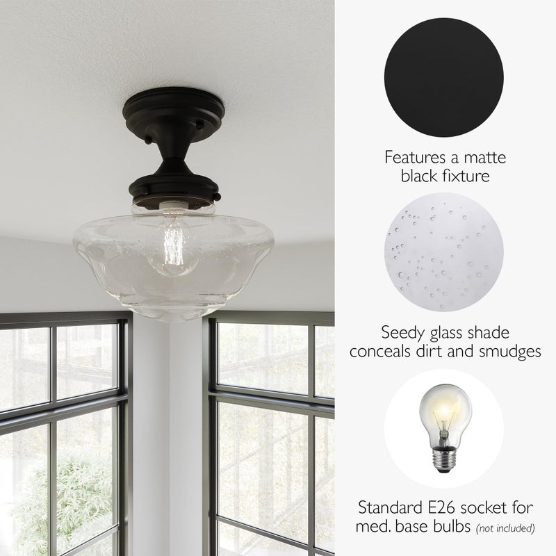 Design House Vintage-Inspired Schoolhouse Semi-Flush Mount Ceiling Light, 9 in x 9 in x 10 in, Matte Black, Clear Seeded Glass Shade, 587444 - Image 3